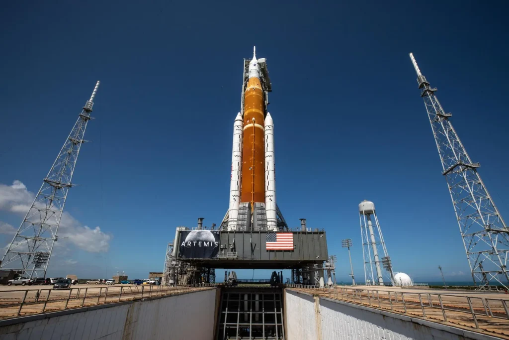 Official NASA launch photo of the Space Launch System (SLS) rocket lifting off from Pad 39B at Kennedy Space Center on April 1, 2026